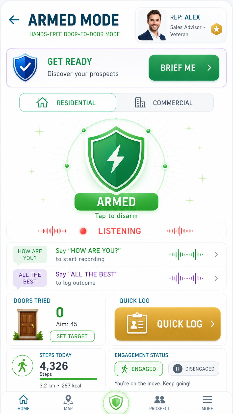 PitchSmart Armed Mode screen showing hands-free recording, wake phrases and door targets