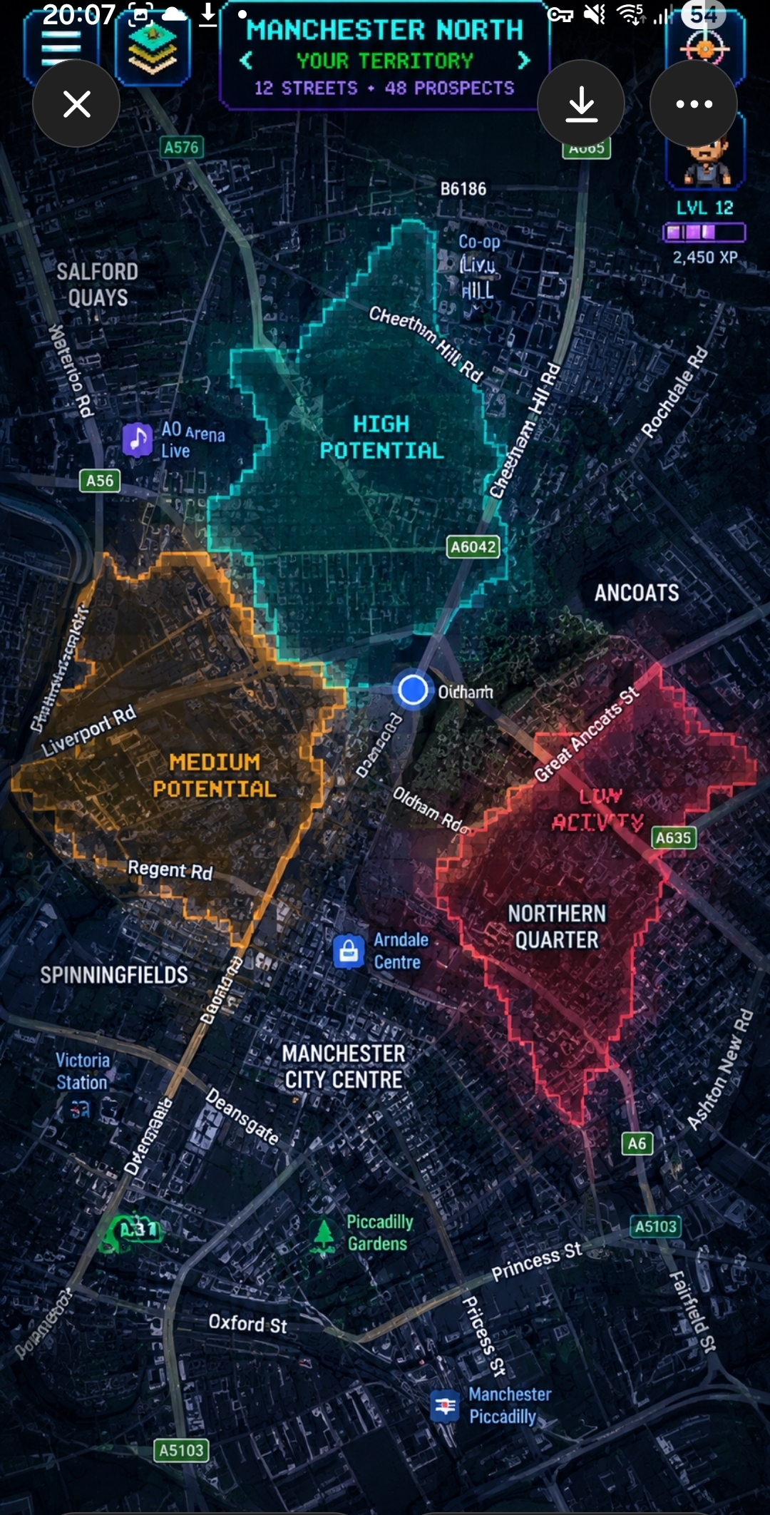 PitchSmart intelligence map showing Manchester North territory zones by potential