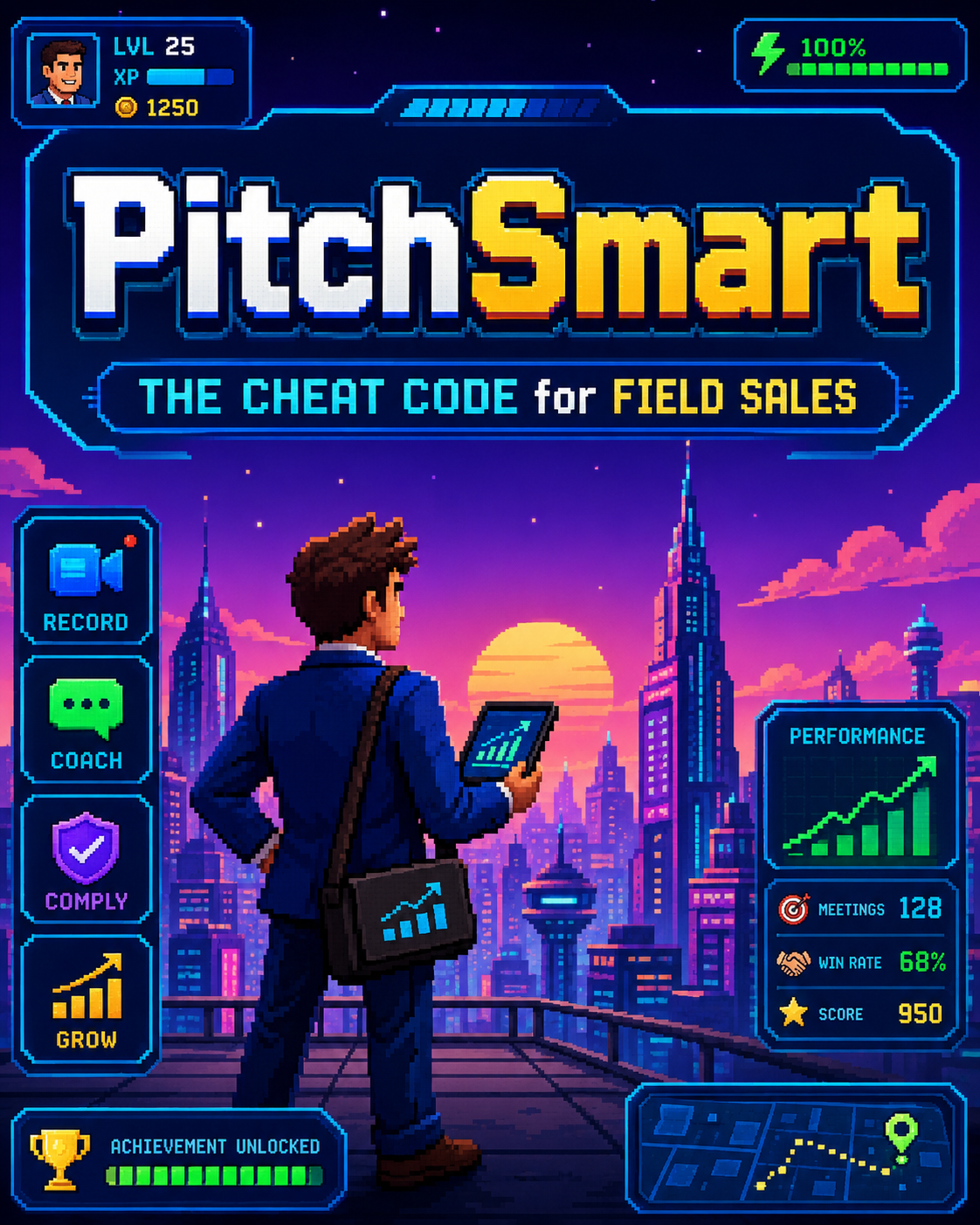 PitchSmart pixel-art key artwork: a field sales rep overlooking a city at sunset with performance stats
